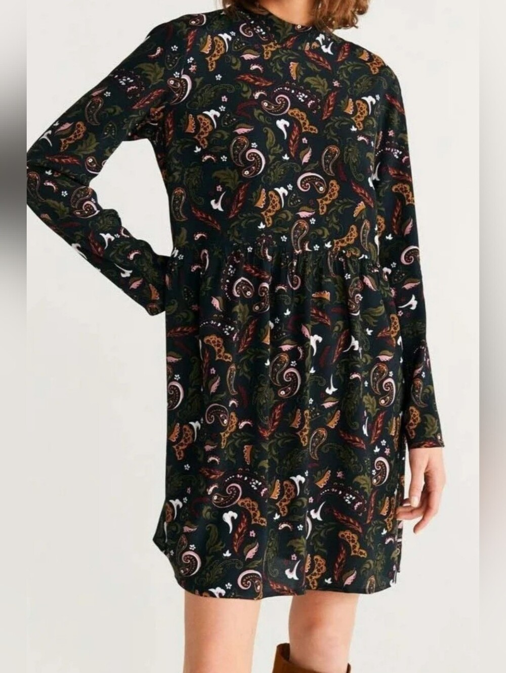 MNG Black Paisley-Print Long Sleeve Mini Dress